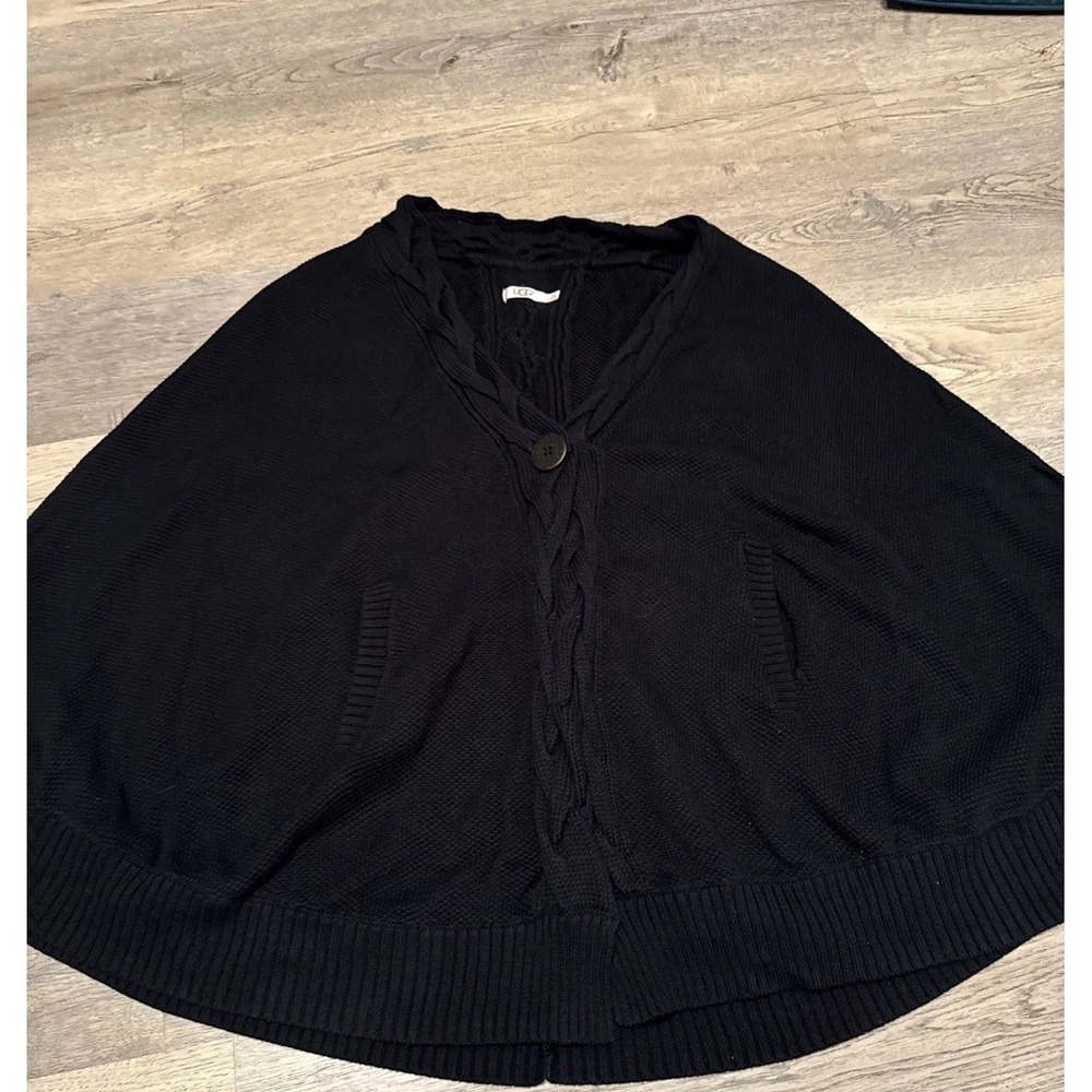 UGG‎ Anjeline Black Cape Poncho Knit Sweater V Neck Button Women's XL Oversized